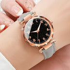 Montre femme au cadran ciel étoilé, boîtier or rose et bracelet en cuir, gris, King Watch