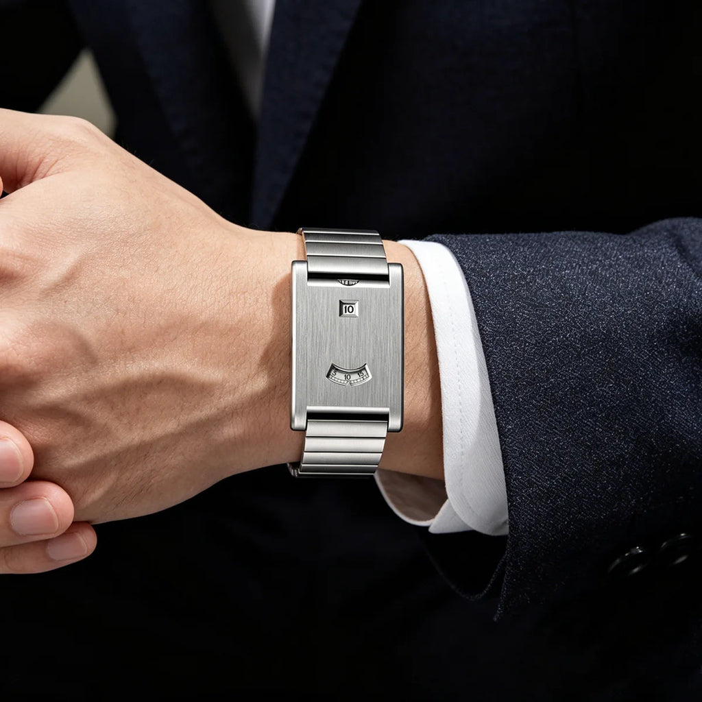 Rectangular jump hour watch in brushed steel, view 3, King Watch