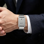 Rectangular jump hour watch in brushed steel, view 3, King Watch