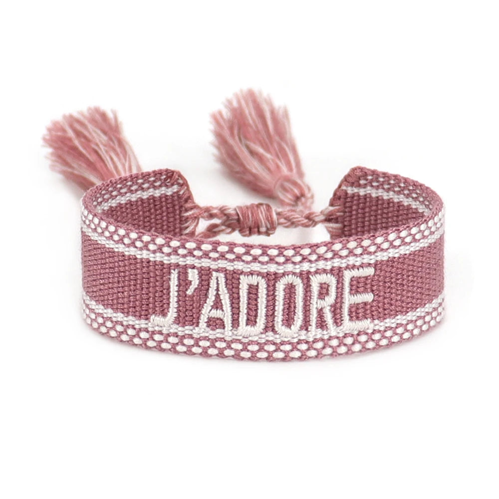 Bracelet brodé tissé en coton à pompons, vieux rose, King Watch