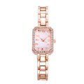 Montre femme rectangulaire, boîtier serti de strass et bracelet en acier, or rose, King Watch