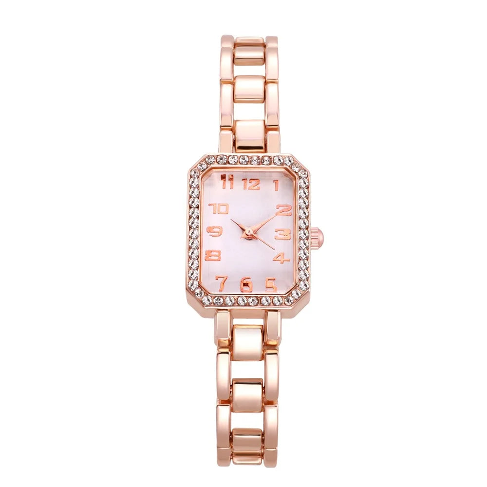 Montre femme rectangulaire, boîtier serti de strass et bracelet en acier, or rose, King Watch