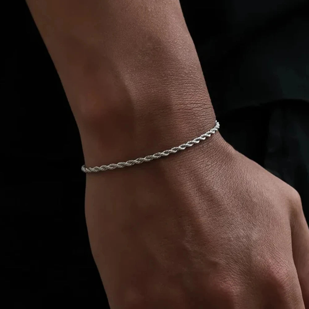 Bracelet maille cubaine iced out serti de strass, maille corde fine, argentée, King Watch