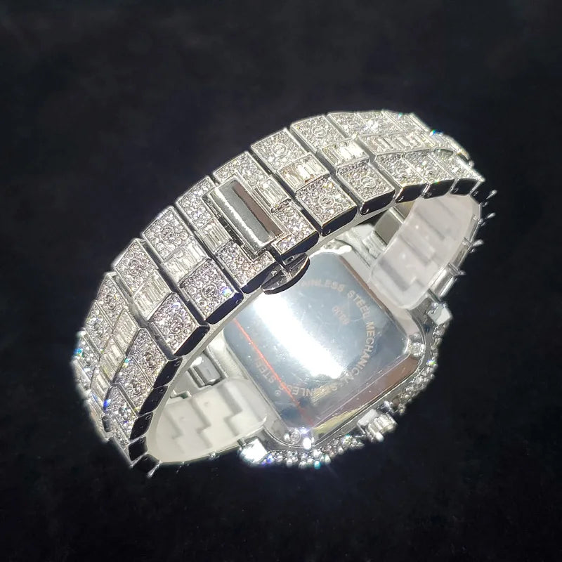Montre homme iced out carrée à chiffres romains colorés, acier serti de strass, vue 4, King Watch