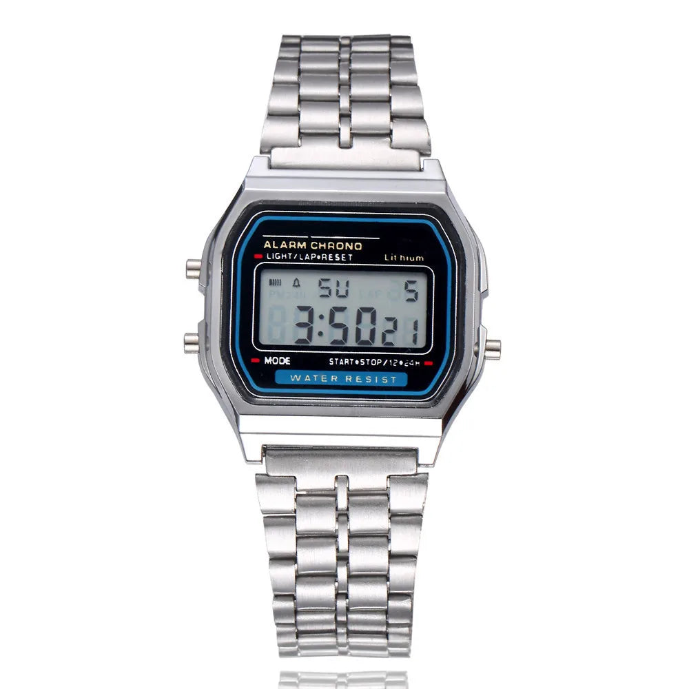 Montre digitale rétro rectangulaire, bracelet en acier inoxydable, vue 5, King Watch