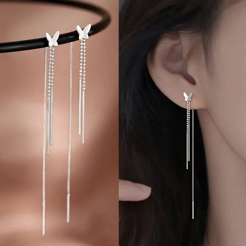 Long chain earrings set with crystal, silver-tone butterfly, double chain, King Watch