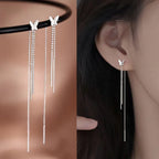 Long chain earrings set with crystal, silver-tone butterfly, double chain, King Watch