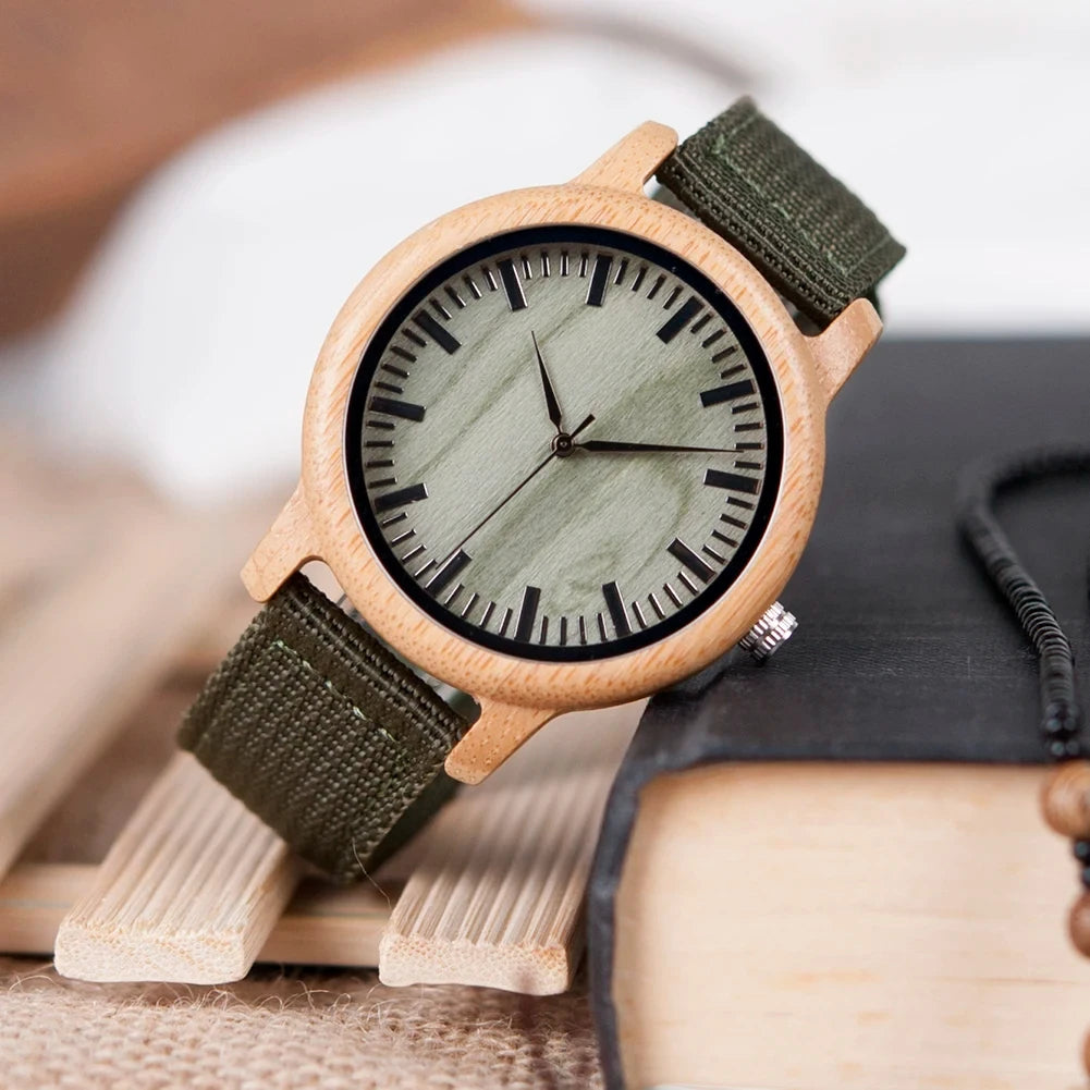 Montre en bambou naturel à cadran en bois, homme, cadran vert, bracelet vert, King Watch