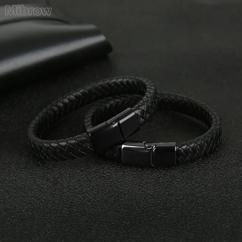 Men's braided leather bracelet with magnetic clasp, view 2, King Watch