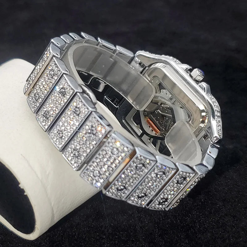 Montre homme iced out carrée à cadran squelette, acier serti de strass, vue 4, King Watch