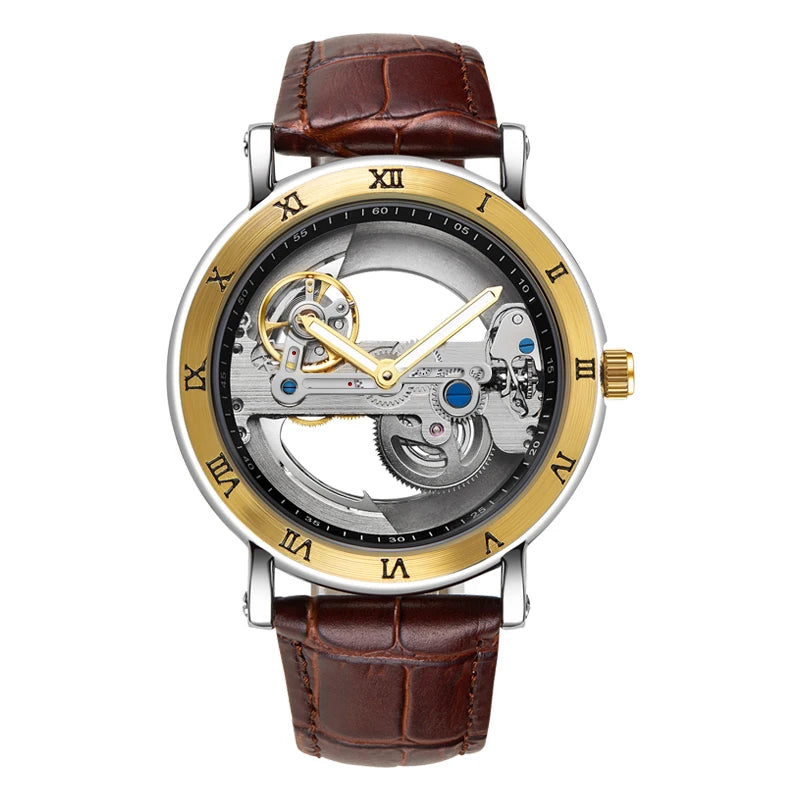 Skeleton automatic watch with transparent dial, leather strap, two-tone gold, brown leather, King Watch