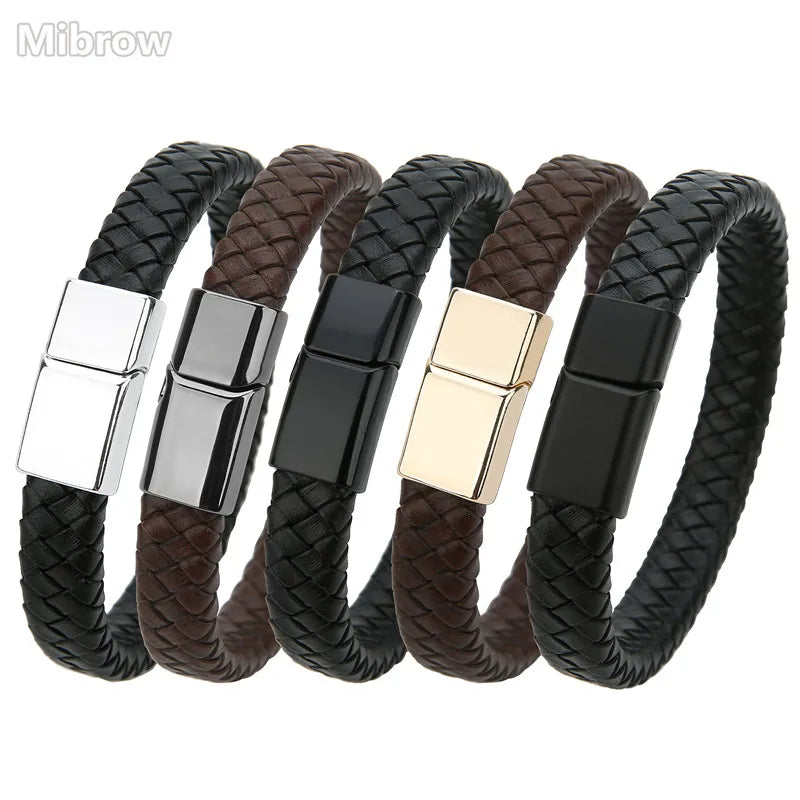 Men's braided leather bracelet with magnetic clasp, view 1, King Watch