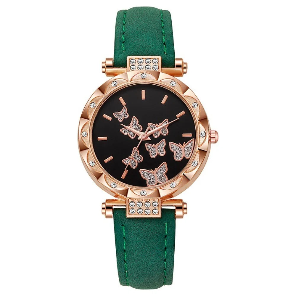 Montre femme à cadran orné de papillons et de strass, bracelet en cuir, vue 8, King Watch
