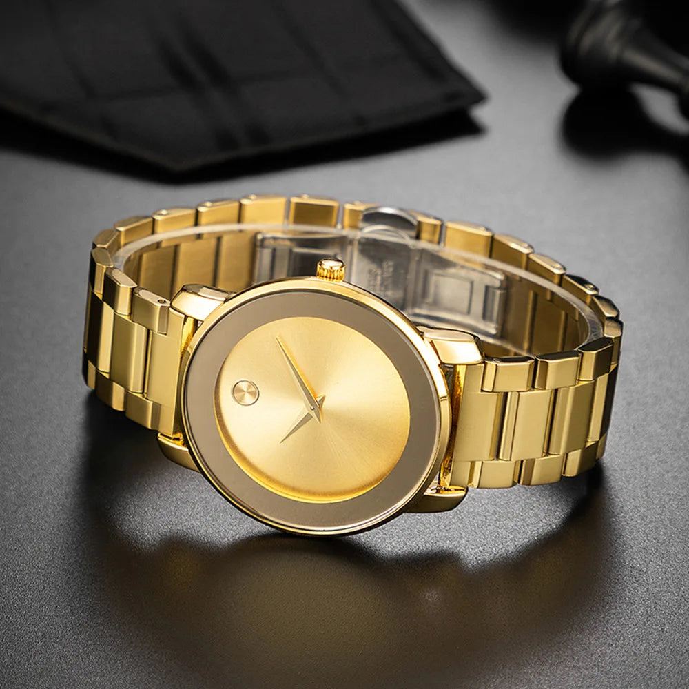 Minimalist watch with clean dial and no numerals, steel bracelet, gold-tone, gold-tone dial, King Watch