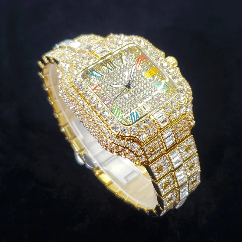 Montre homme iced out carrée à chiffres romains colorés, acier serti de strass, vue 6, King Watch