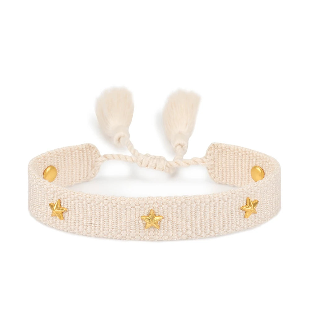 Bracelet brodé tissé en coton à pompons, crème, étoiles, King Watch