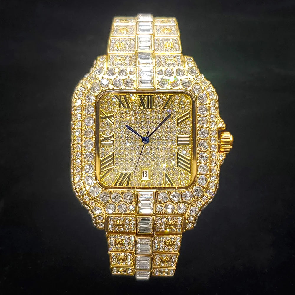 Montre homme iced out carrée en acier sertie de strass, doré, King Watch
