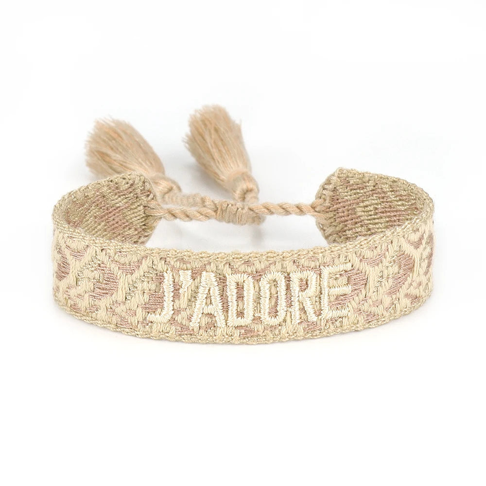 Bracelet brodé tissé en coton à pompons, beige à motifs, King Watch