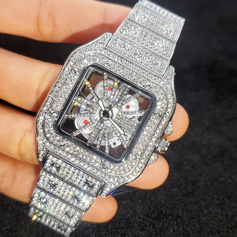 Montre homme iced out carrée à cadran squelette, acier serti de strass, King Watch