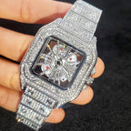 Montre homme iced out carrée à cadran squelette, acier serti de strass, King Watch