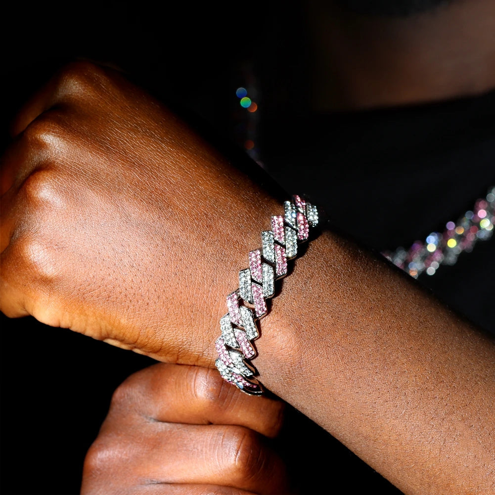 Bracelet maille cubaine iced out serti de strass, sertie, strass roses, King Watch