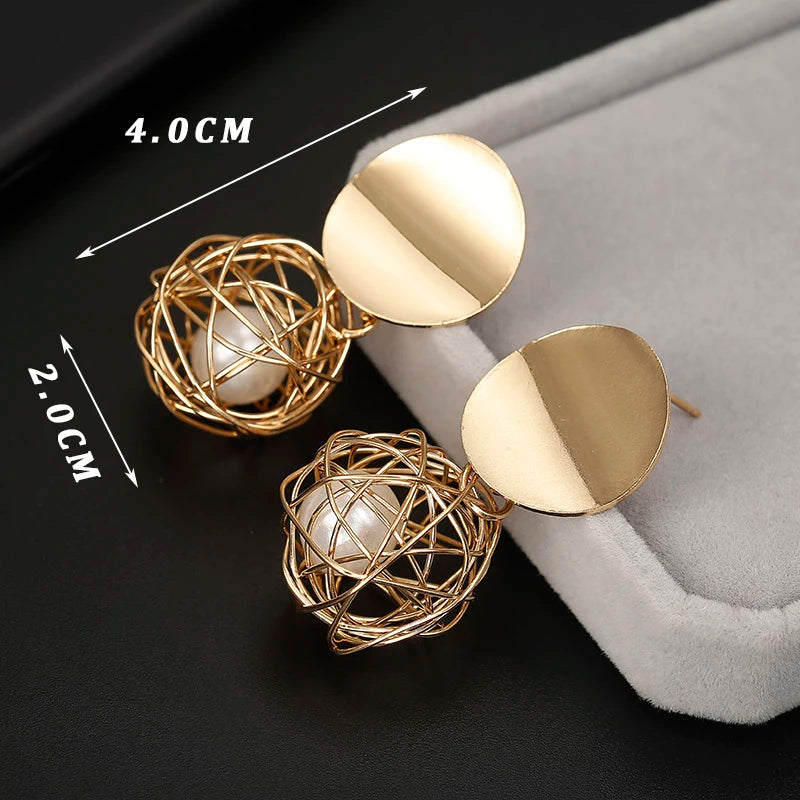 Boucles d'oreilles pendantes en métal doré, cage et perle dorée, King Watch