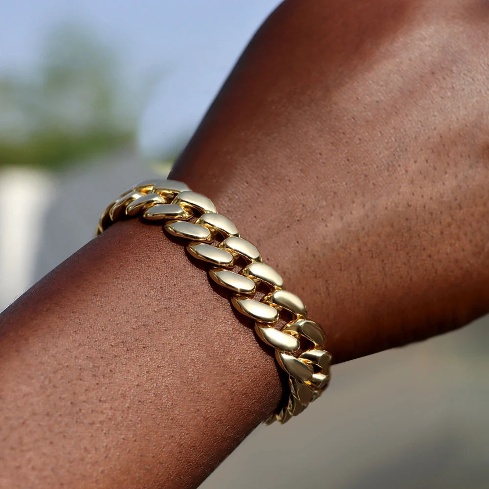 Bracelet maille cubaine iced out serti de strass, cubaine lisse, dorée, King Watch
