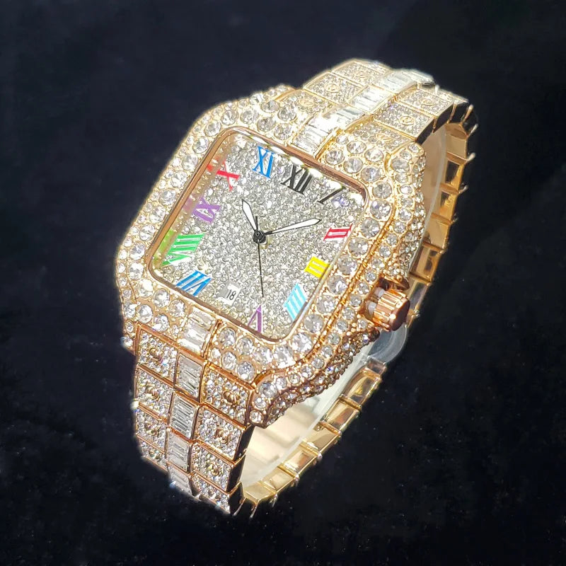 Montre homme iced out carrée à chiffres romains colorés, acier serti de strass, vue 9, King Watch