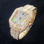 Montre homme iced out carrée à chiffres romains colorés, acier serti de strass, vue 9, King Watch