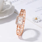 Montre femme rectangulaire, boîtier serti de strass et bracelet en acier, vue 2, King Watch
