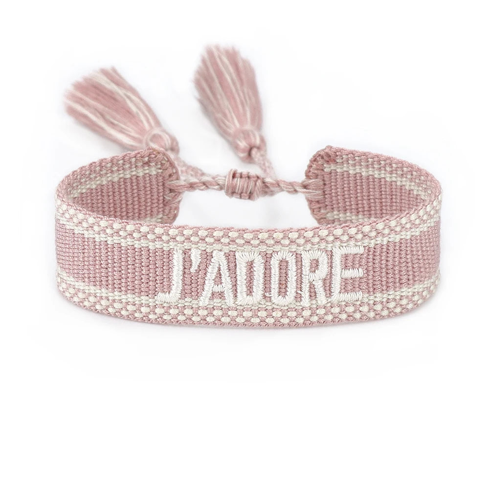 Bracelet brodé tissé en coton à pompons, rose poudré, King Watch