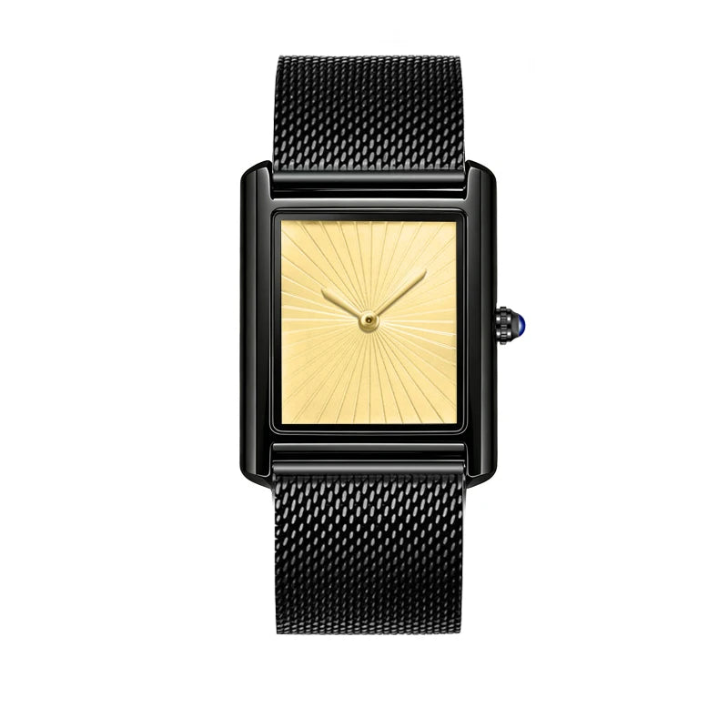 Montre rectangulaire à cadran soleillé, bracelet en maille milanaise, noir, cadran champagne, aiguilles dorées, King Watch