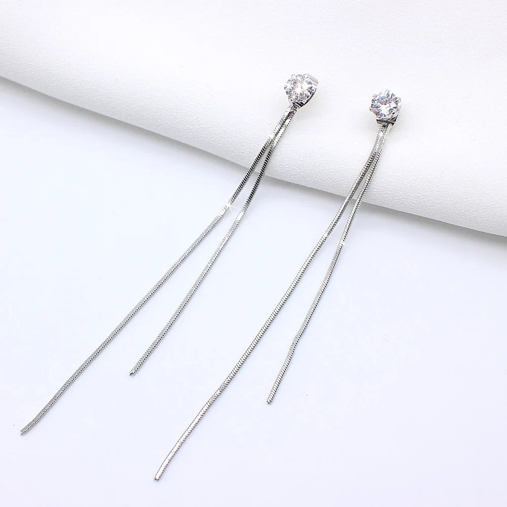 Boucles d'oreilles longues à chaîne serties de cristal, cristal rond, double chaîne, King Watch