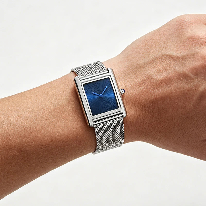 Montre rectangulaire à cadran soleillé, bracelet en maille milanaise, vue 6, King Watch
