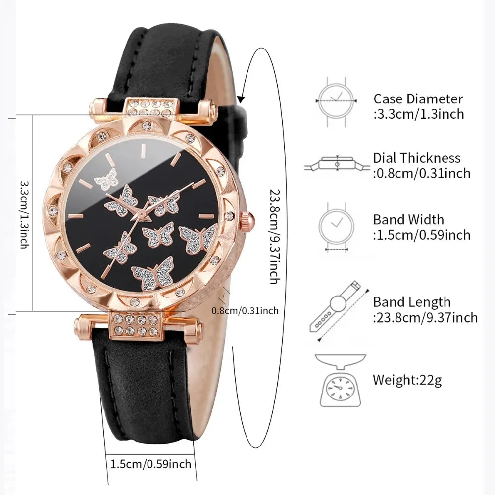 Montre femme à cadran orné de papillons et de strass, bracelet en cuir, vue 6, King Watch
