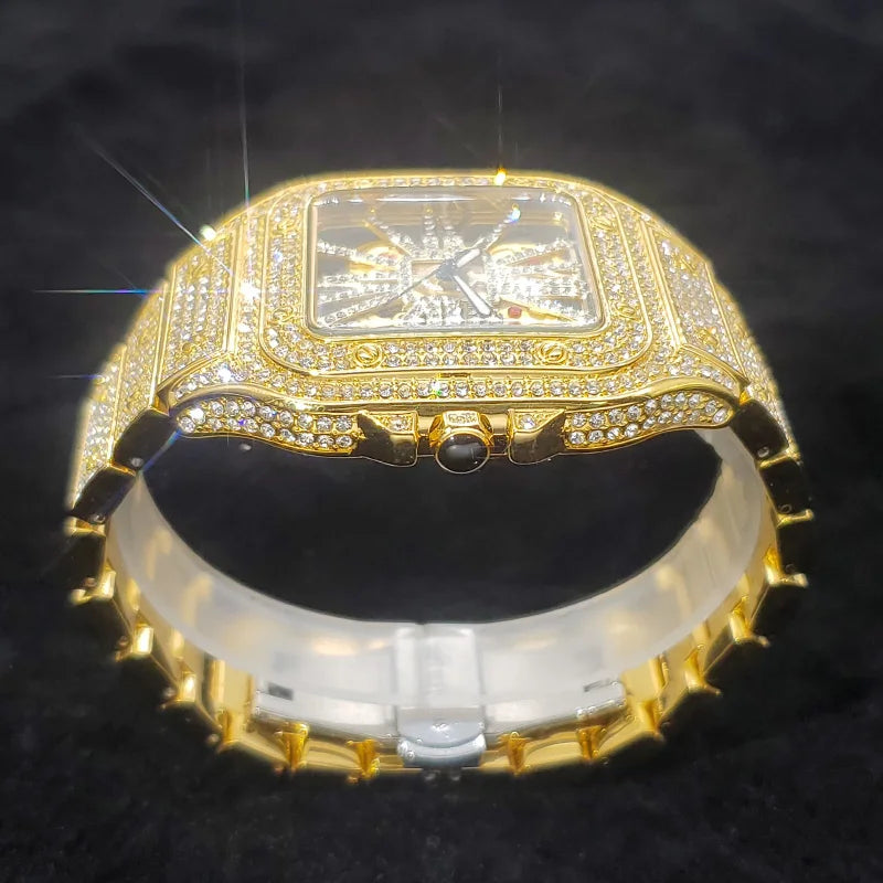 Montre homme iced out carrée à cadran squelette, acier serti de strass, vue 5, King Watch