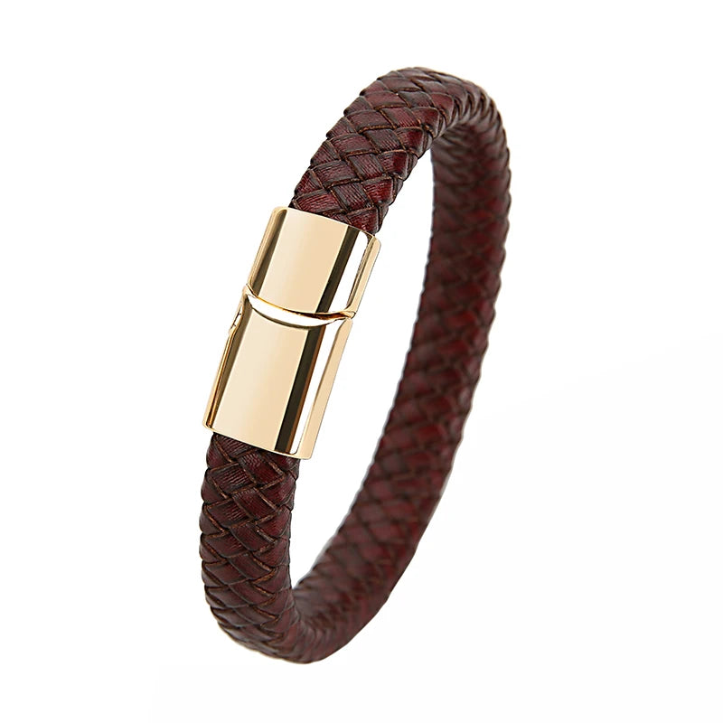 Bracelet homme en cuir tressé à fermoir magnétique, cuir bordeaux, fermoir doré, King Watch