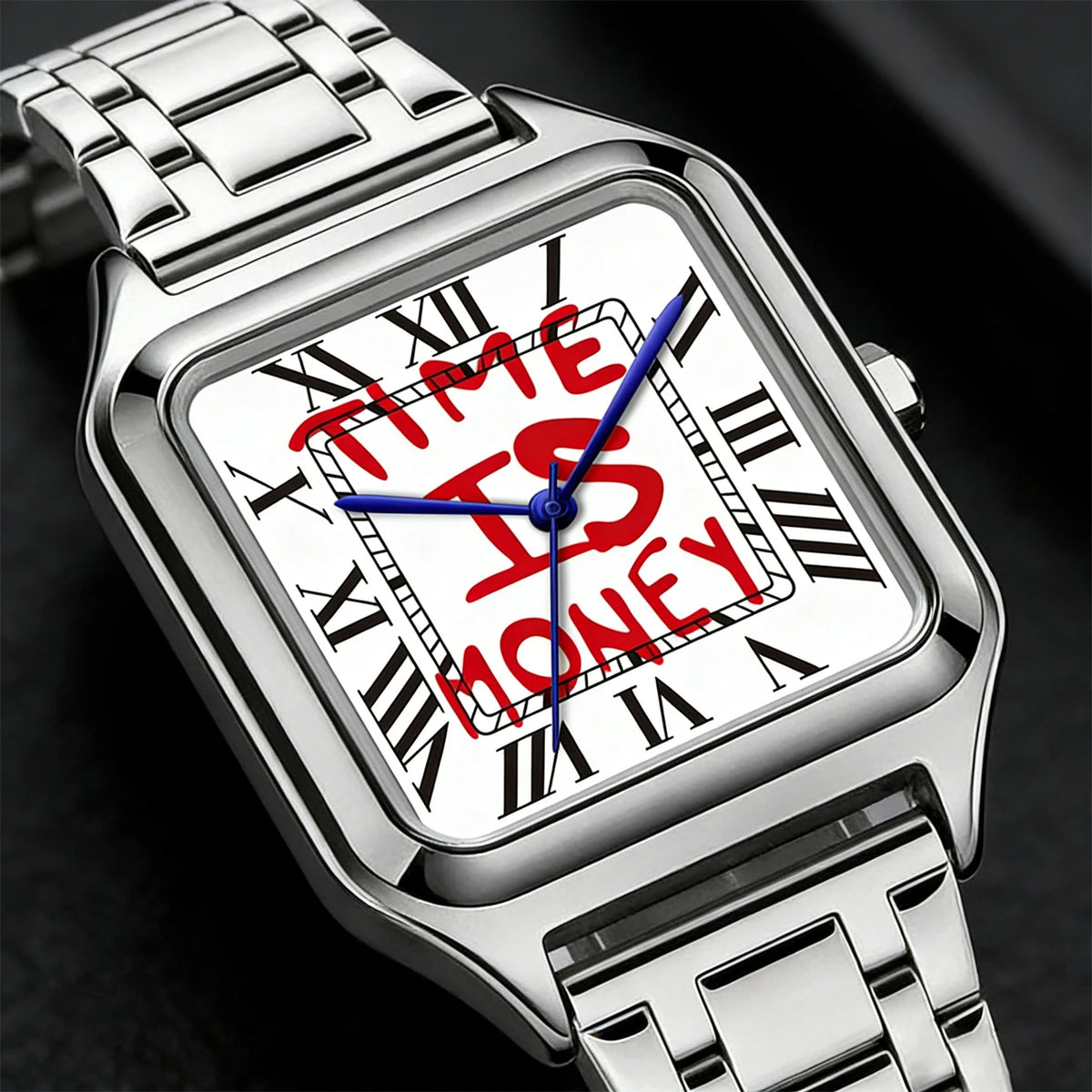 Montre homme carrée à cadran blanc Time is money, bracelet en acier, King Watch