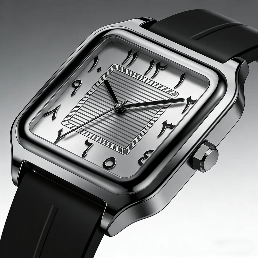 Men's square watch with Eastern Arabic numerals, ribbed dial, King Watch