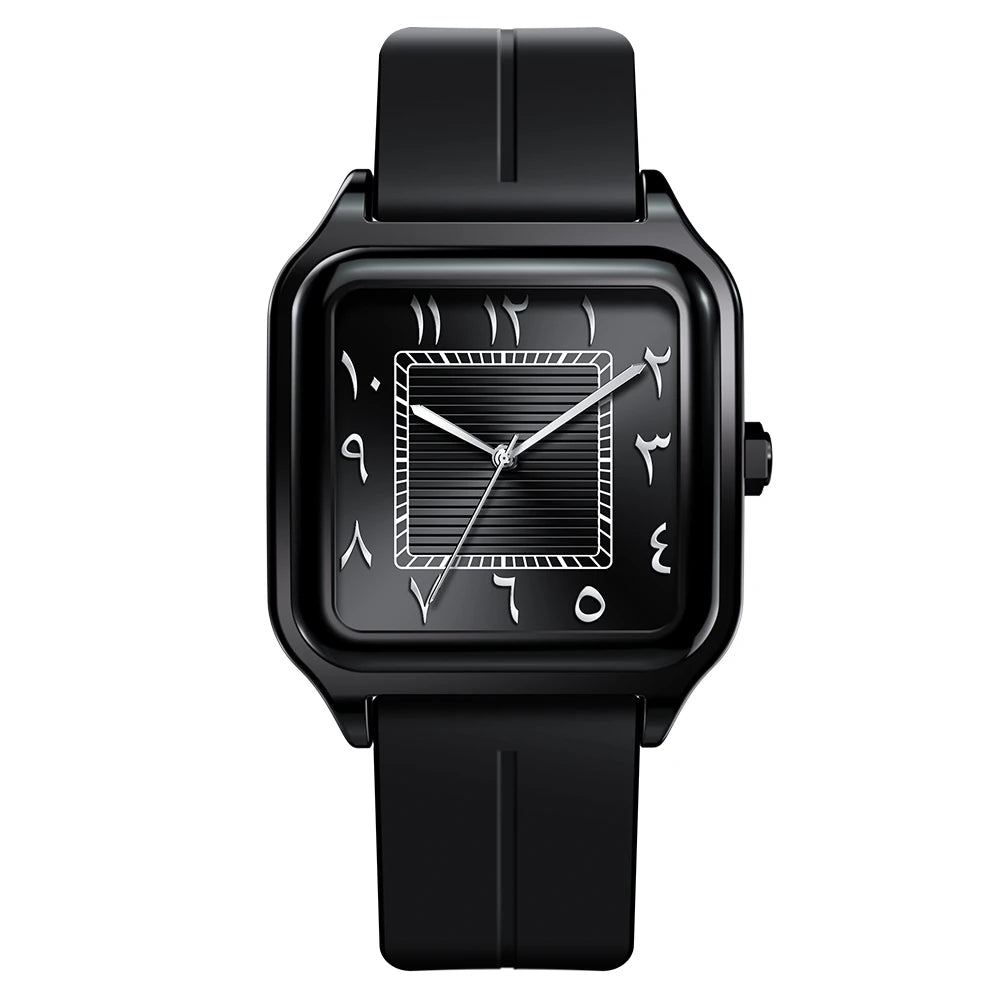 Men's square watch with Eastern Arabic numerals, ribbed dial, black dial, black strap, King Watch