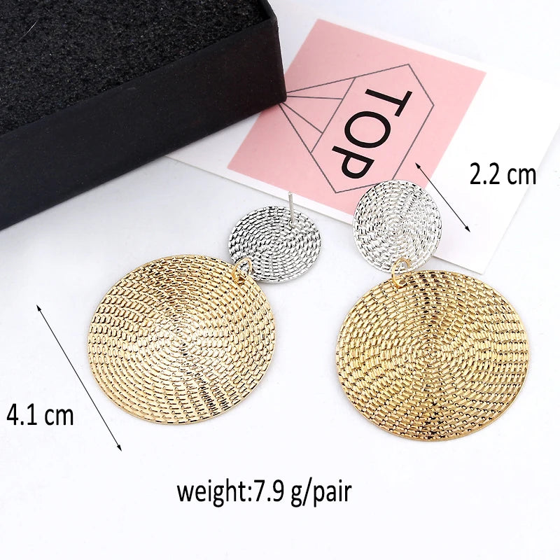 Boucles d'oreilles pendantes en métal doré, double disque texturé doré, King Watch
