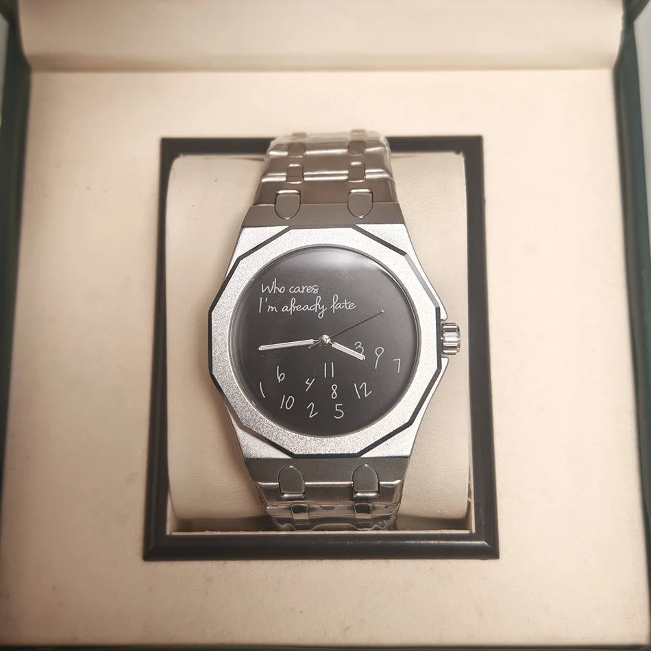 Octagonal watch with Who cares I'm already late dial, jumbled numerals, view 7, King Watch