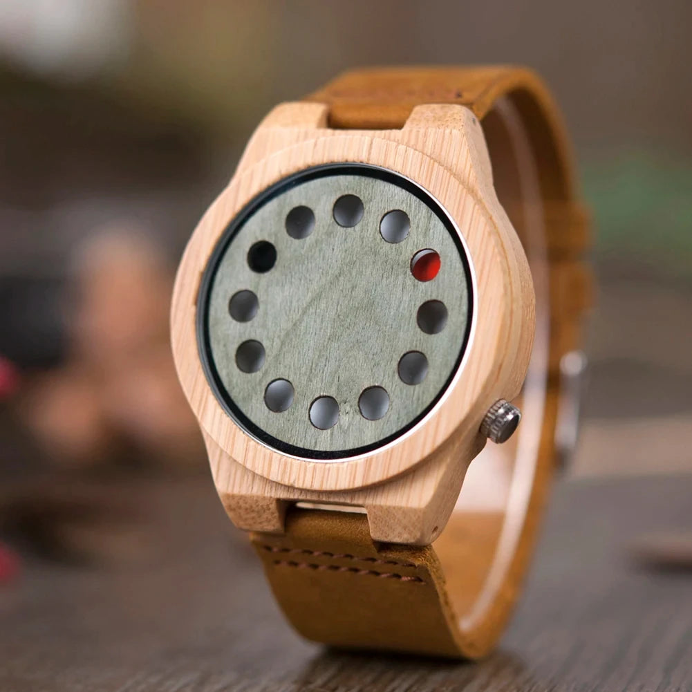 Montre en bambou naturel à cadran en bois, homme, cadran gris à pastilles, King Watch