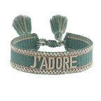 Bracelet brodé tissé en coton à pompons, vert d'eau, liseré strass, King Watch