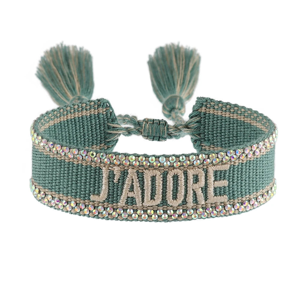 Bracelet brodé tissé en coton à pompons, vert d'eau, liseré strass, King Watch