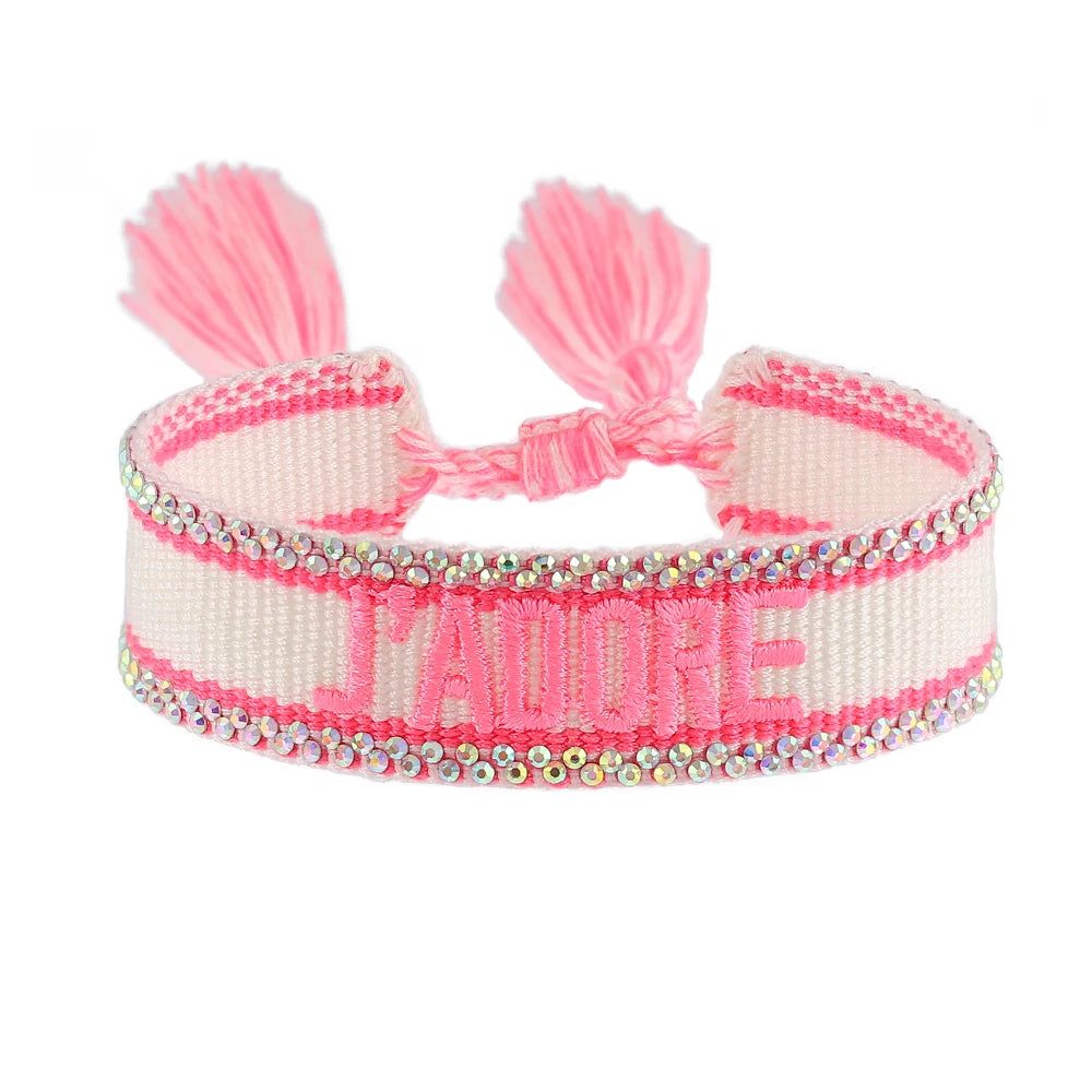 Bracelet brodé tissé en coton à pompons, rose vif, liseré strass, King Watch