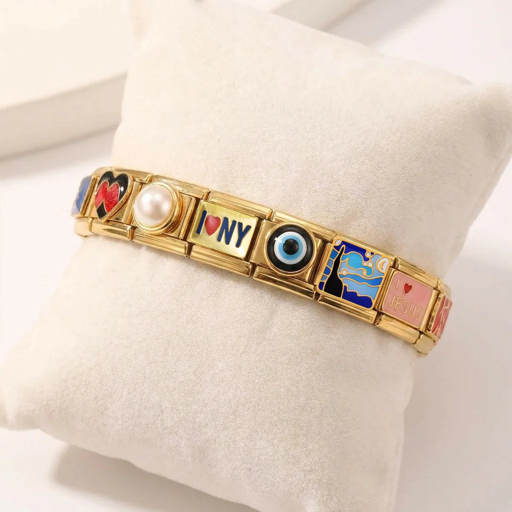 Bracelet à charms italiens en acier doré, maillons émaillés, vue 4, King Watch