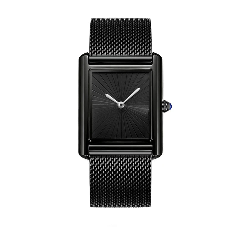 Montre rectangulaire à cadran soleillé, bracelet en maille milanaise, noir, cadran noir, King Watch