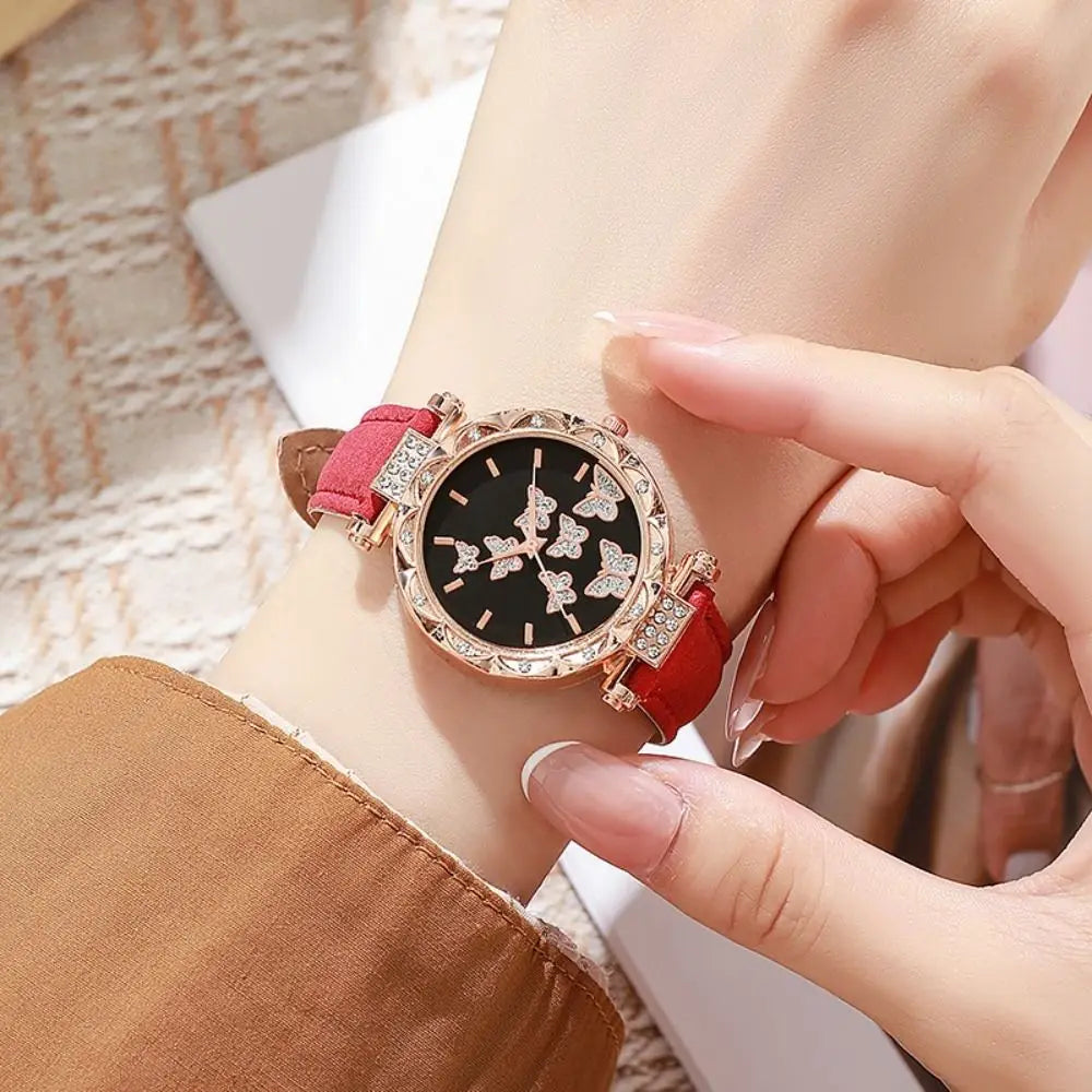 Montre femme à cadran orné de papillons et de strass, bracelet en cuir, vue 2, King Watch
