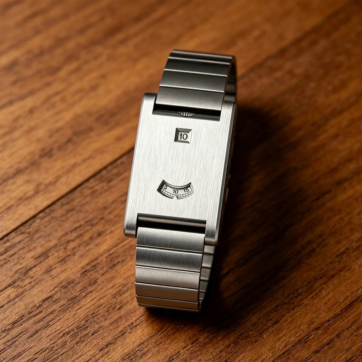 Rectangular jump hour watch in brushed steel, King Watch